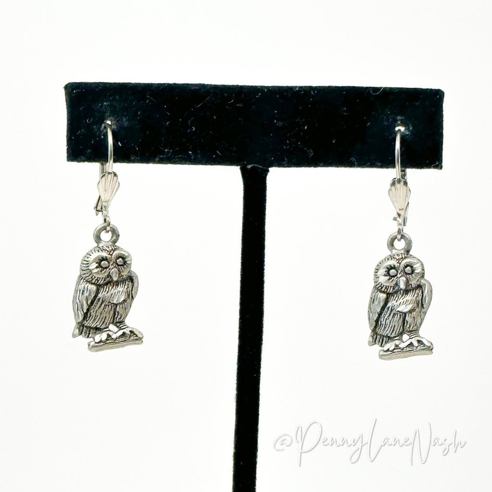 Vintage Silver Owl Charm Dangle Earrings